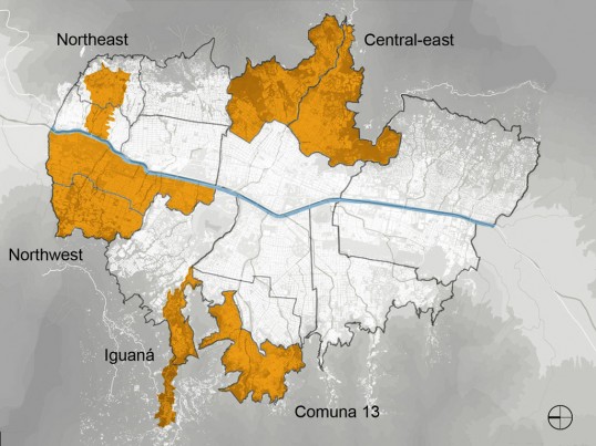 <em>Map of Medellín the five Proyecto Urbano Integrales (PUIs) | Map: Empresa de Desarrollo Urbano; Overlay: Jeff Geisinger</em>