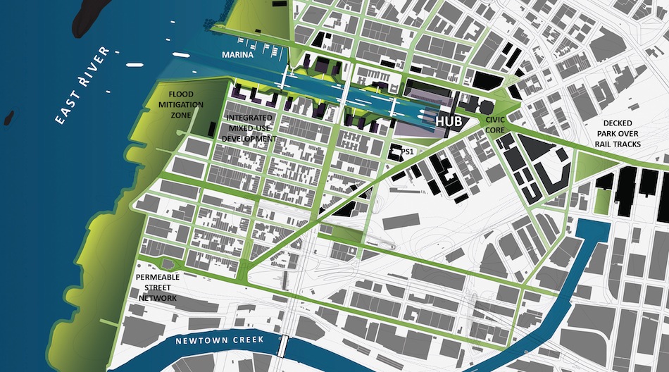 Glimpses of New York and Amsterdam 2040: Hybrid Urban Base (HUB), Hunter’s Point, Queens, credit: dlandstudio