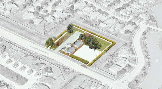Rendering of a church site surrounded by suburban homes