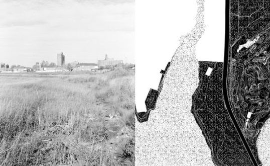 diptych of map drawing and field photograph. Black and White.
