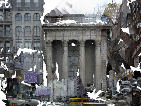 Altered image of decaying city buildings