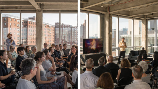 A diptych of two photos of people sitting in a crowd watching a presentation